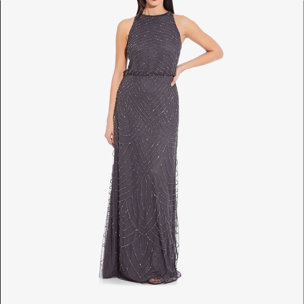 ART DECO BEADED BLOUSON DRESS WITH HALTER NECKLINE IN GUNMETAL, SMALL